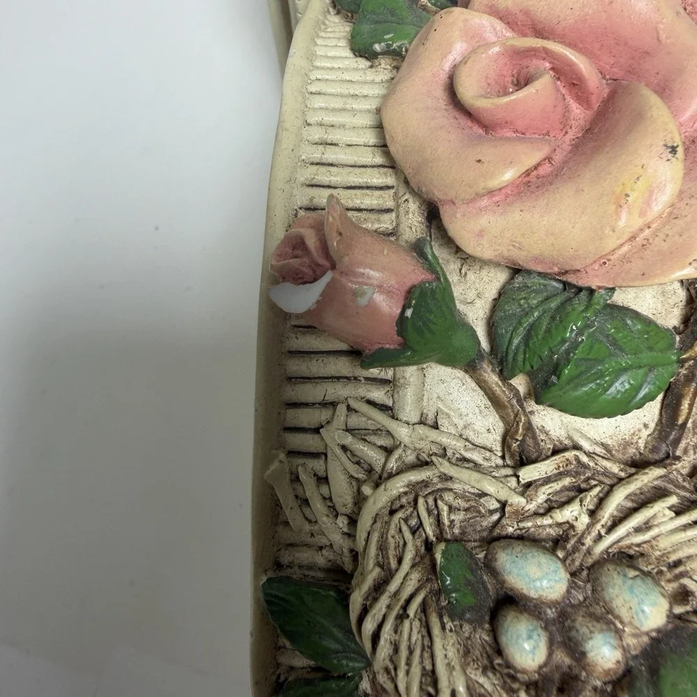 Drape Scarf Holder‎ Cream Gold Trim Rose Green Leaves Birds Nest Eggs CHIPPED